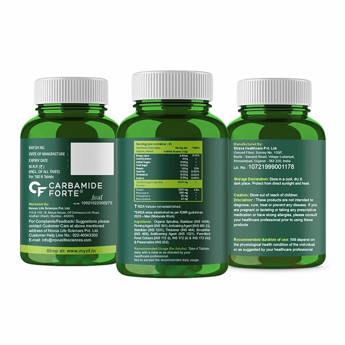 Carbamide Forte 100% Organic Spirulina Tablets 2000 mg Per Serving - Spirulina Powder Organic Tablets | Supports Energy, Immunity & Detox | Certified Spirulina Organic Tablet - 180 Tablets