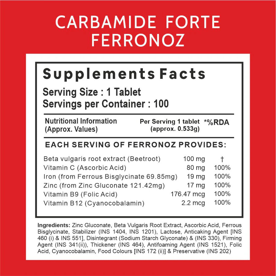 Carbamide Forte Chelated Iron Supplement For Women and Men with Vitamin C, B12, Folic Acid & Zinc - 100 Veg Tablets